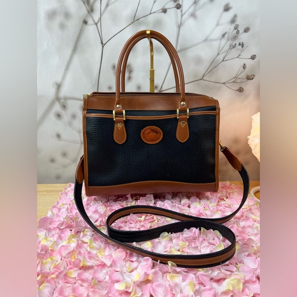 Dooney & Bourke Handbags - Dooney & Bourke Black Peppled Tan Leather Satchel Hand Bag